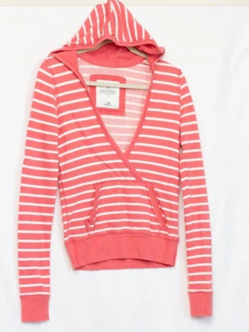 Abercrombie & Fitch Y2K Zip Up Striped Hoodie Deep V Neck Preppy Graphic Sz XL